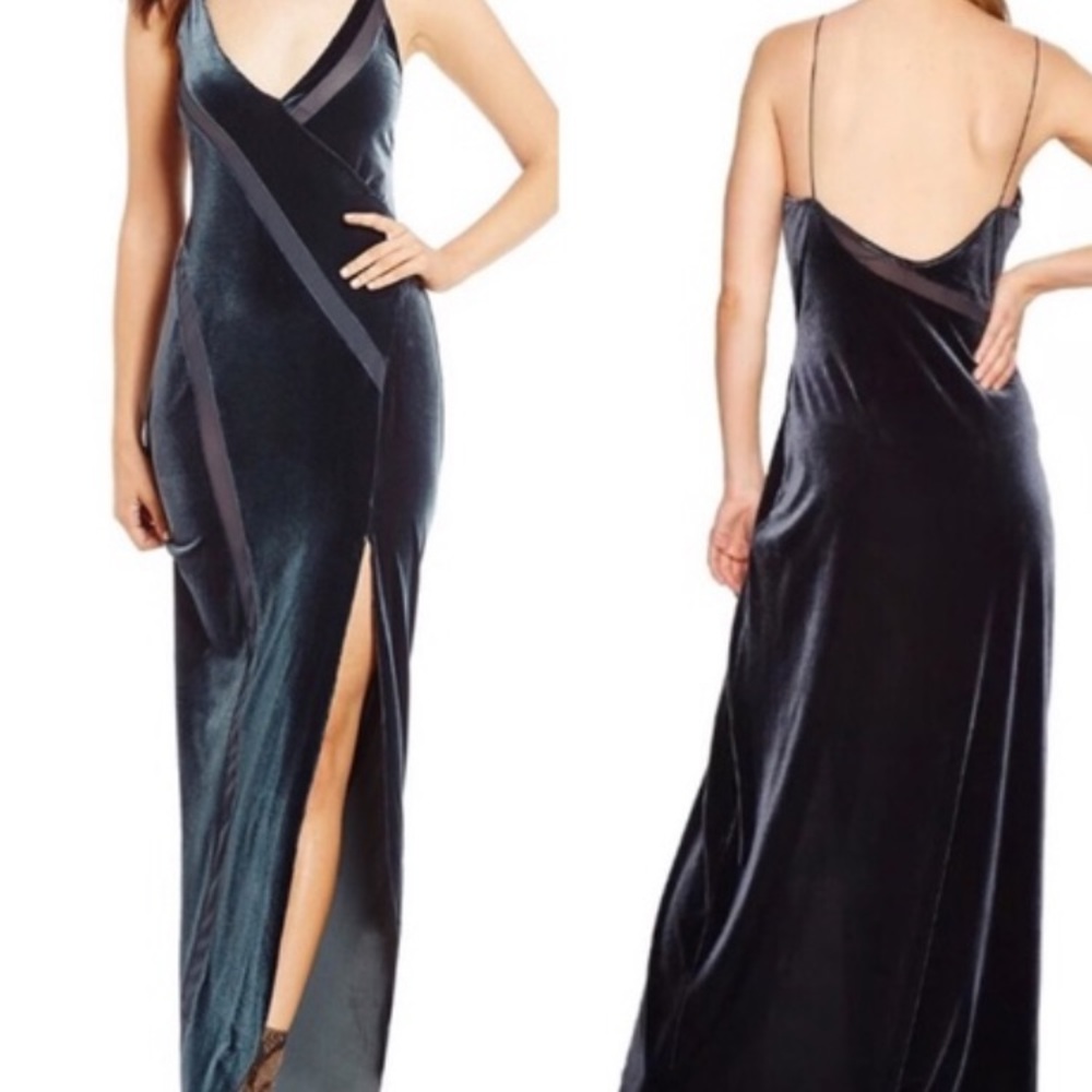 Free People blue velvet dress body con open back maxi dress spaghetti straps